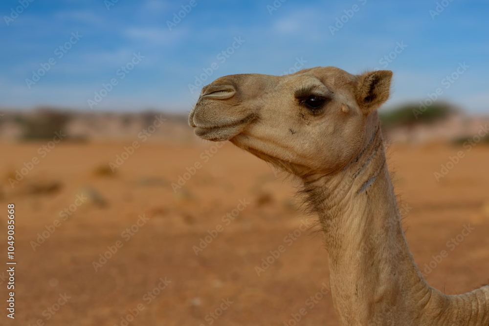 Obraz premium West Africa. Mauritania. Portrait of a one-humped camel in the hot sand of high dunes in the endless Sahara Desert.