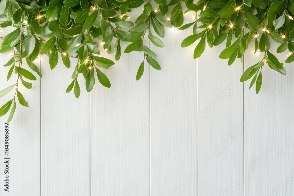 Lush green leaves with fairy lights on a white wooden background create a cozy atmosphere Lush green leaves with fairy lights on a white wooden background create a cozy atmosphere