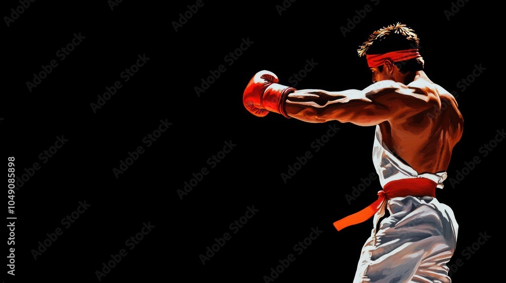 A muscular fighter in a dynamic pose, showcasing strength and determination in a boxing stance. A muscular fighter in a dynamic pose, showcasing strength and determination in a boxing stance.