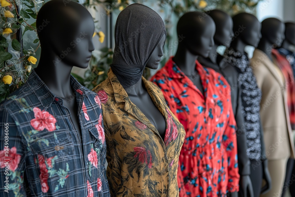 Fototapeta premium Diverse mannequins showcasing various body types and fashion styles in a retail setting during daylight