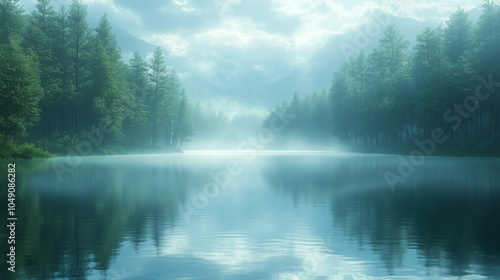 Calm lake with mist rising in the early morning: A tranquil lake surrounded by tall trees, with a light mist rising from the water in the early morning. The glassy lake surface ref