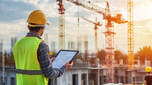 Construction worker reviewing plans on a tablet at a building site during sunset.