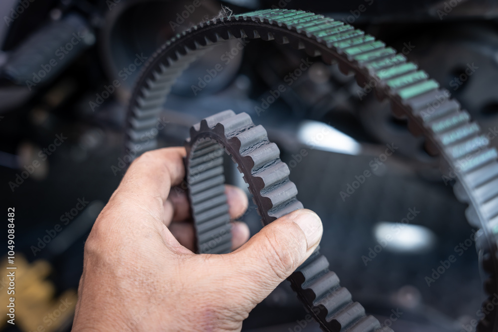Motorcycle mechanic check the condition of motorcycle transmission belt for broken teeth,working at garage, maintenance and repair motorcycle concept