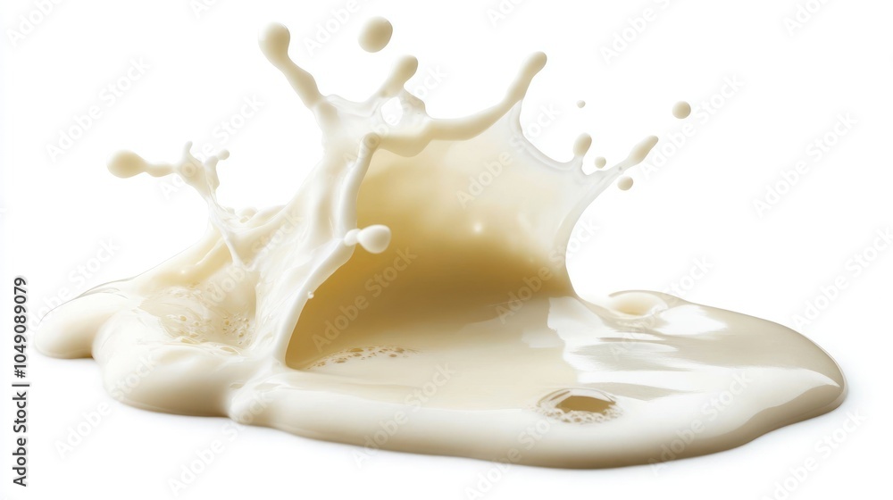 A splash of milk creating a dynamic and fluid motion on a white background. A splash of milk creating a dynamic and fluid motion on a white background.
