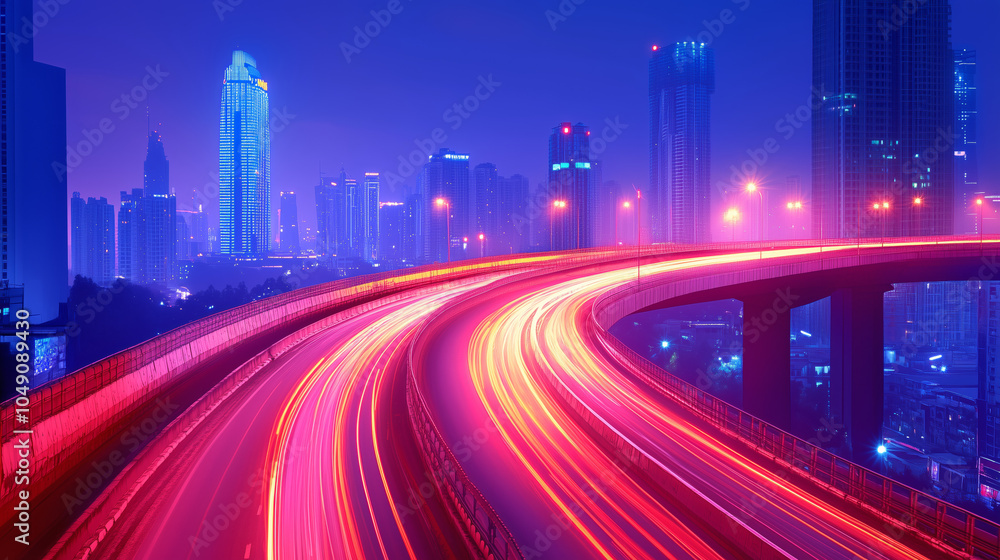 Fototapeta premium Vibrant night view of a bustling city skyline with traffic light trails on a highway