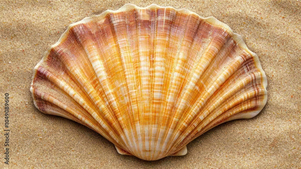 A close-up of a beautifully patterned scallop shell resting on sandy beach. A close-up of a beautifully patterned scallop shell resting on sandy beach.