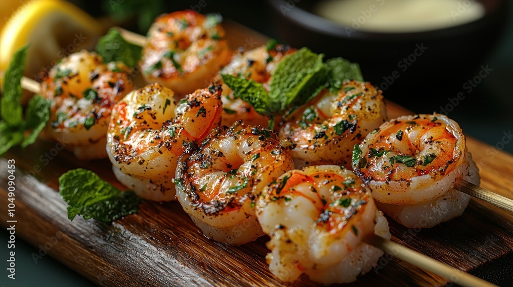 Grilled Shrimp Skewers with Lemon and Mint Garnish Grilled Shrimp Skewers with Lemon and Mint Garnish