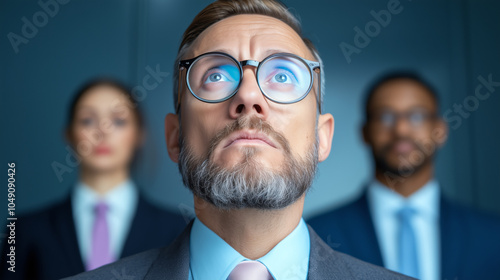 Business professionals in a meeting, looking up with thoughtful expressions