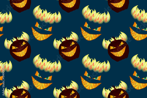 Seamless Halloween pattern featuring flaming pumpkin demons with eerie grins. Perfect for spooky designs, fabrics, or backgrounds.