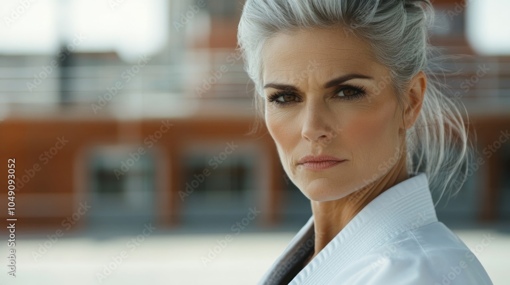 Fototapeta premium A determined woman with silver hair, dressed in a martial arts uniform, exuding strength.