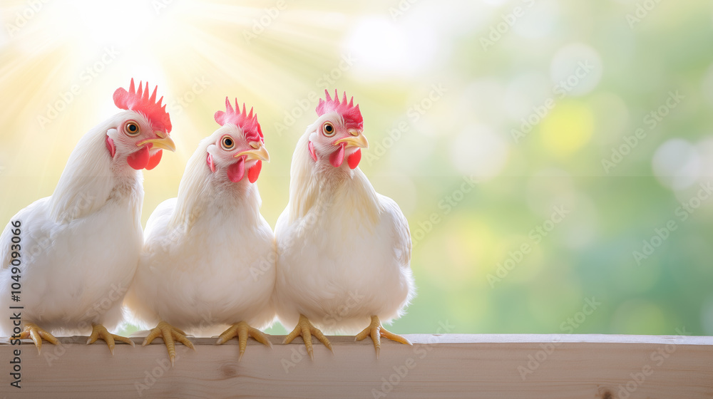 Fototapeta premium Three chickens standing side by side on a fence in soft morning light