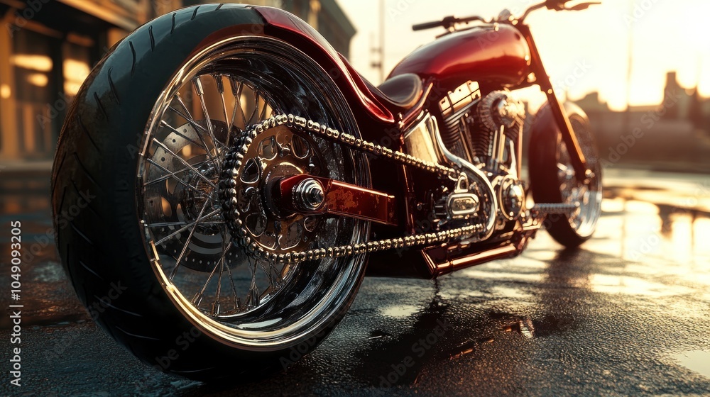 Fototapeta premium A close-up view of a sleek motorcycle parked on a wet street during sunset.