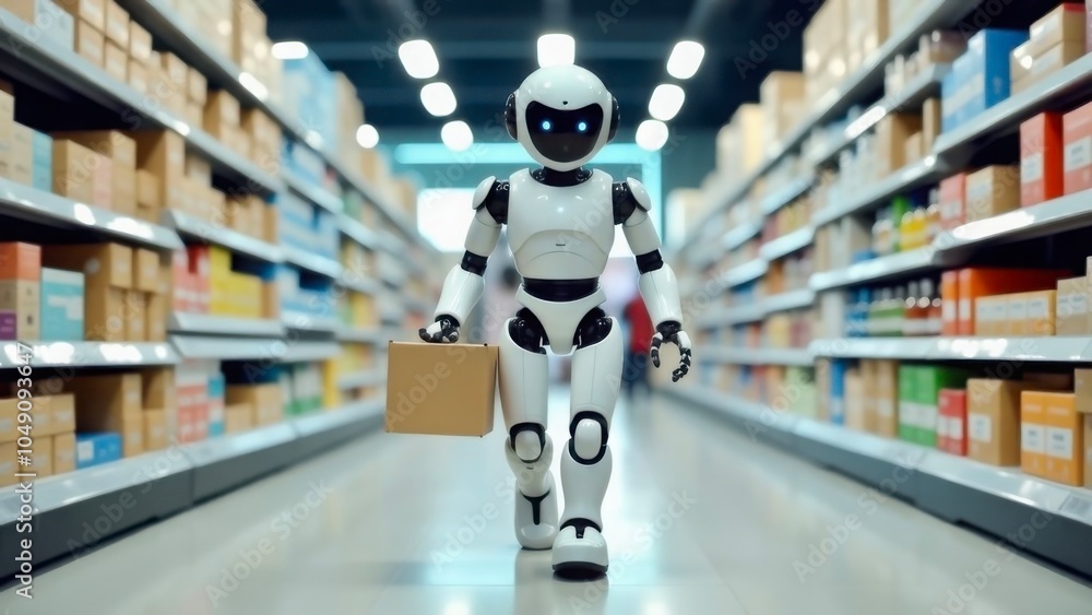 A robot with a craft box helping with work in a supermarket against the background of shelves with goods. A robot with a craft box helping with work in a supermarket against the background of shelves with goods.