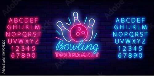 Bowling tournament neon label with ball and pins. Strike winning. Funny sport sign on brick wall. Shiny pink and blue alphabet. Light badge. Editing text. Vector stock illustration
