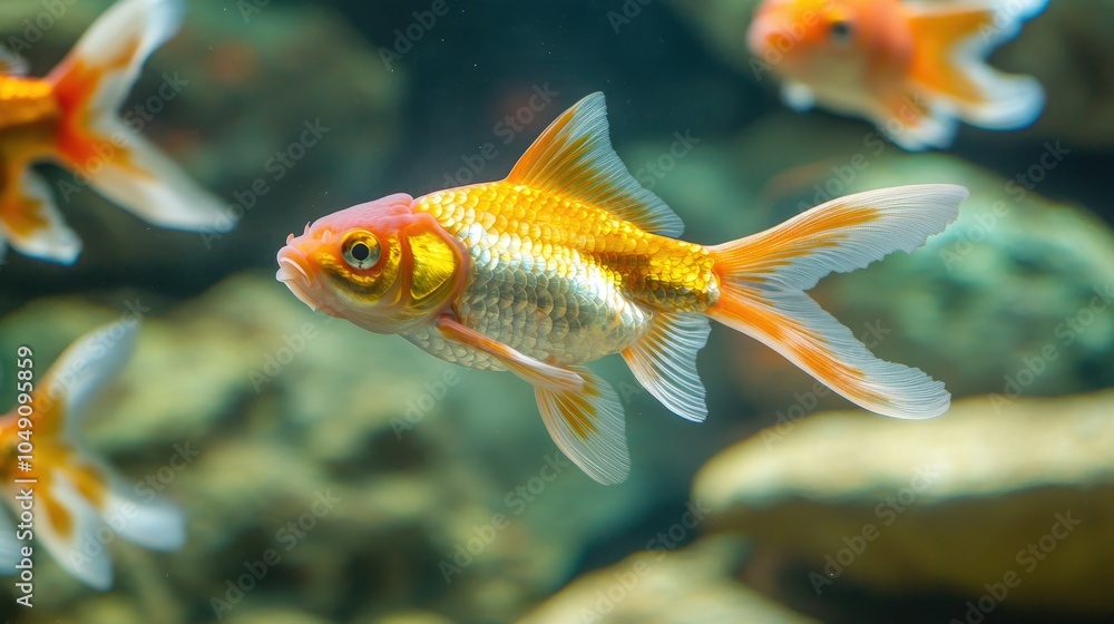 Goldfish swimming gracefully in a crystal-clear fish pond, captured in a close-up view. Goldfish swimming gracefully in a crystal-clear fish pond, captured in a close-up view.