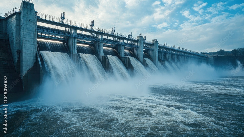 Heavy flow of water splashing down from a dam, creating mist and turbulent waves in the river. Heavy flow of water splashing down from a dam, creating mist and turbulent waves in the river.