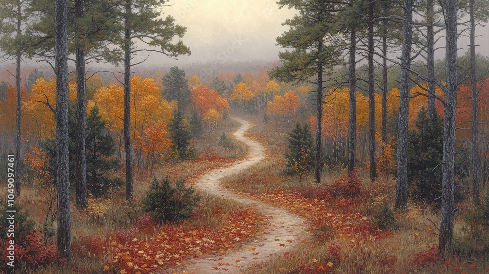 Obraz premium Serene Autumn Forest Path Winding Through Vibrant Foliage Landscape with Tall Pine Trees and Misty Horizon Perfect for Nature Lovers Seeking Tranquil Beauty