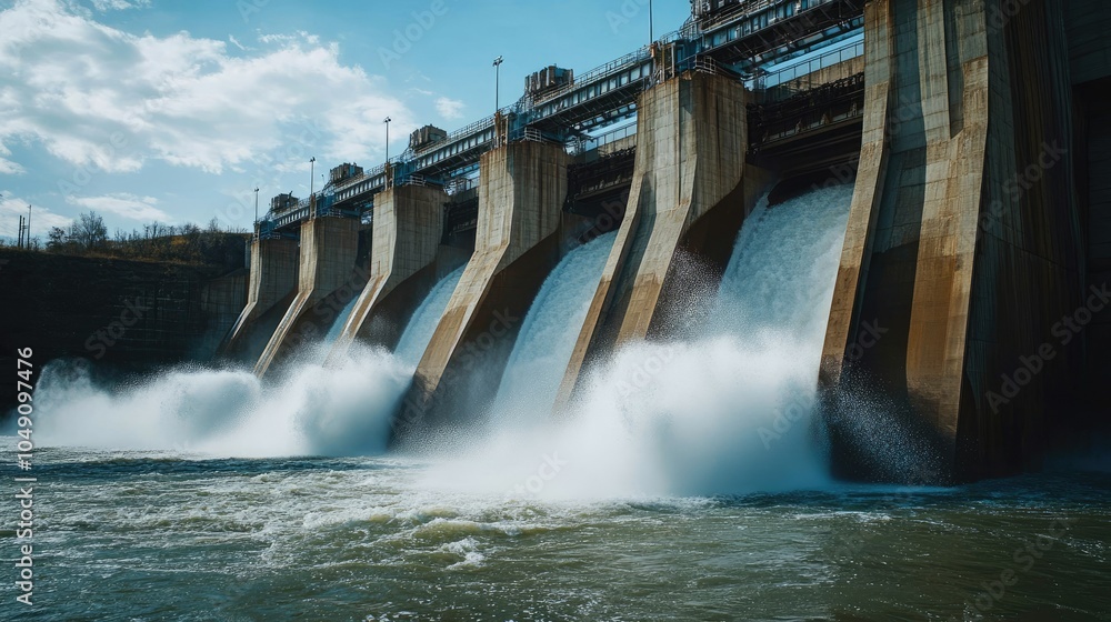 Large amounts of water gushing out of the gates of a hydroelectric dam, creating massive splashes. Large amounts of water gushing out of the gates of a hydroelectric dam, creating massive splashes.