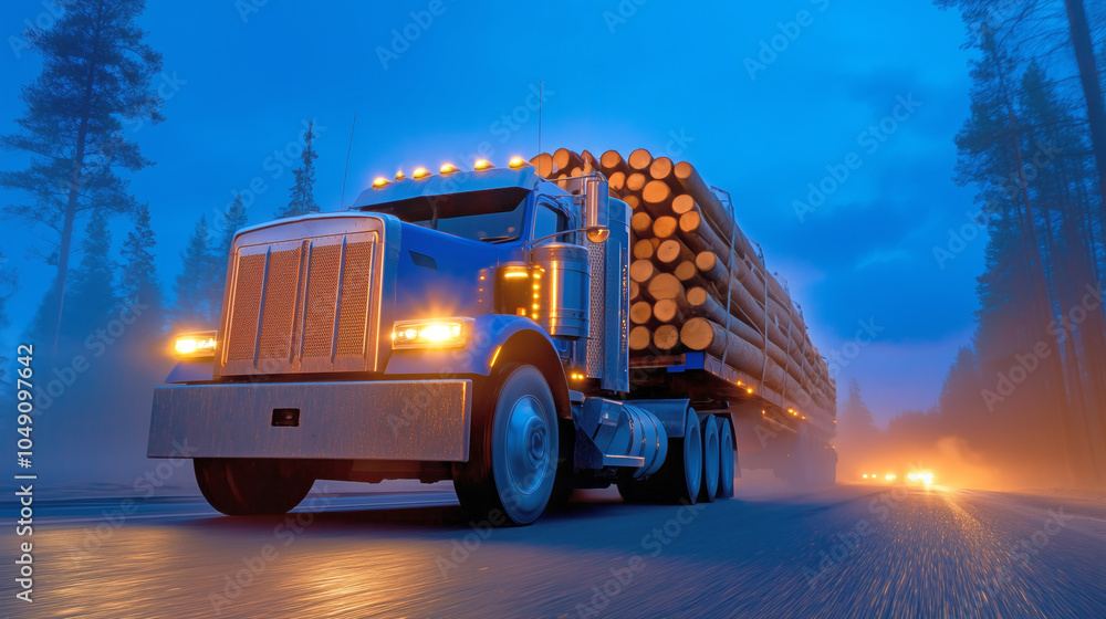 A blue semi-truck transporting logs on a foggy road during dusk in a forested area A blue semi-truck transporting logs on a foggy road during dusk in a forested area