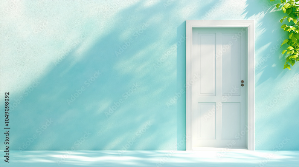 A serene aqua wall featuring a simple white door illuminated by soft shadows and greenery A serene aqua wall featuring a simple white door illuminated by soft shadows and greenery