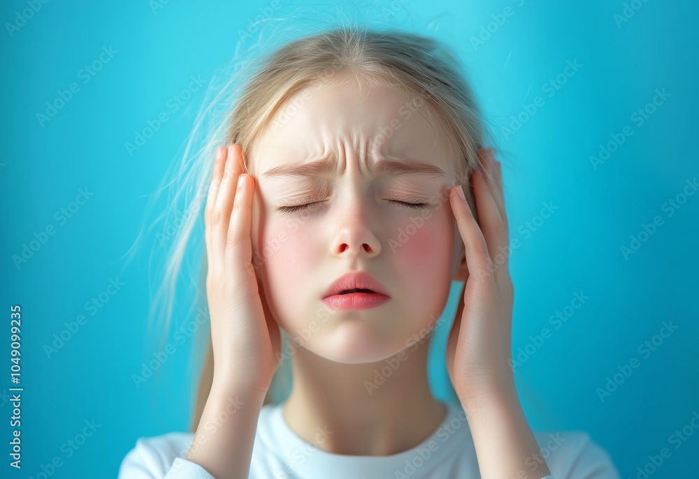 Young girl experiencing a headache while standing against a blue background indoors during daylight Young girl experiencing a headache while standing against a blue background indoors during daylight