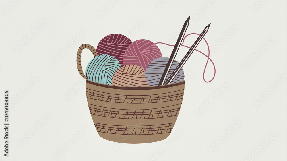 Fototapeta premium Cozy Knitting Basket with Yarn Balls and Needles in Rustic Style
