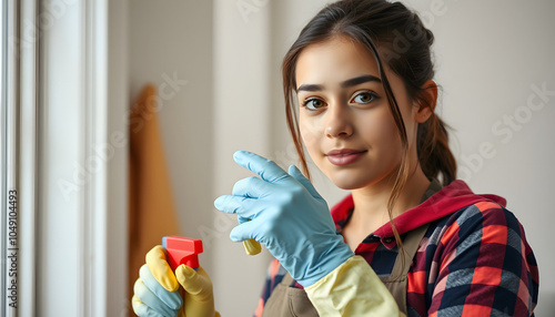 Portrait of teenage girl cleaning house, wearing gloves with cleaning spray looking at camera isolated with white highlights, png photo