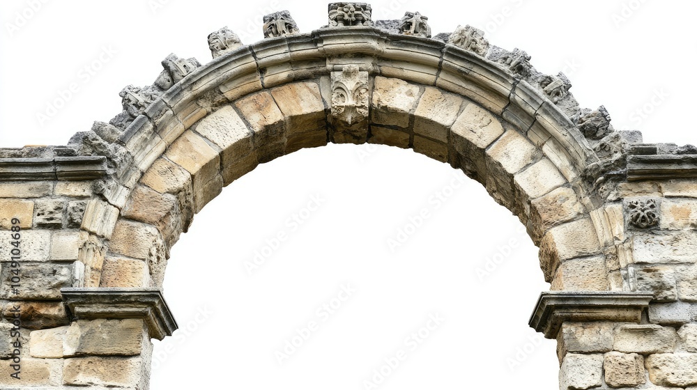 Obraz premium Old stone archway isolated on white, showcasing intricate carvings and decorative elements.