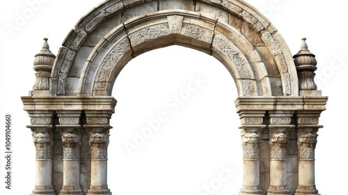 Old stone archway isolated on white  showcasing intricate carvings and decorative elements.