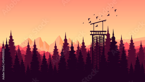 morning sunrise mountain view with pine forest silhouette flat design vector illustration good for presentation, advertising, ads, business, wallpaper, backdrop, background, and web banner