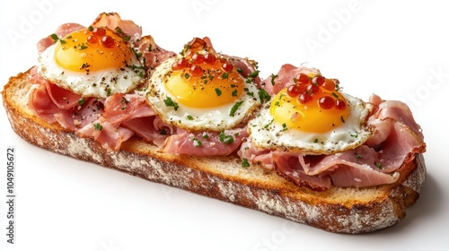 Open-faced Strammer Max with ham, sunny-side-up eggs, isolated on a white background.