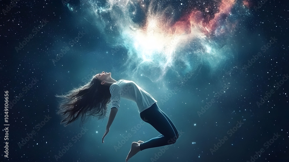 silhouette of woman falling freely over space background silhouette of woman falling freely over space background