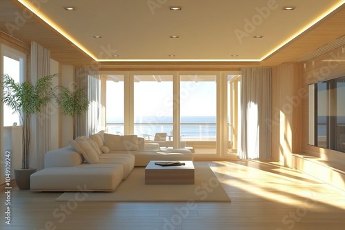 Modern Home Living Room and Windows  Balcony. Luxurious Stylish Modern Apartment. Open Interior  Stylish Sofa  Wardrobe  Closet Furniture  Scandinavian Design. generative ai