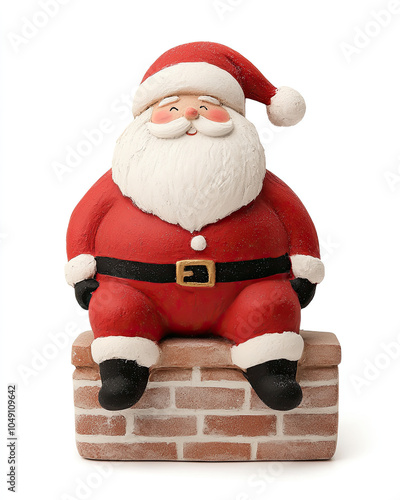 Charming Santa Claus figurine sitting on brick chimney, exuding festive spirit. This delightful decoration captures joy of holiday season with its cheerful expression and classic red outfit