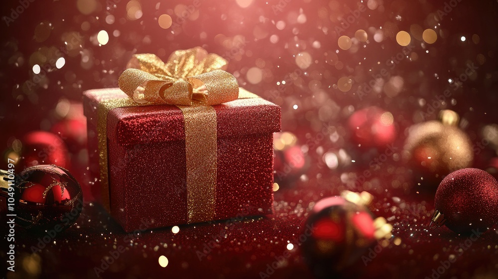 Red gift box with shimmering golden circles and a ribbon, surrounded by subtle festive elements in a minimalist design. Red gift box with shimmering golden circles and a ribbon, surrounded by subtle festive elements in a minimalist design.