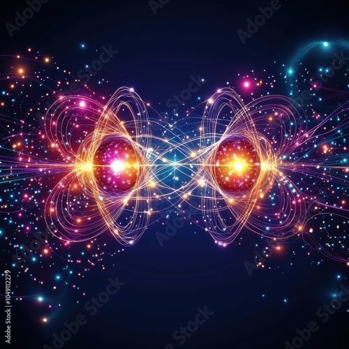 Abstract Quantum Entanglement Concept Art with Vibrant Colors and Neon Lights in Cosmic Energy Field - Modern Digital Science Illustration for Futuristic Design photo