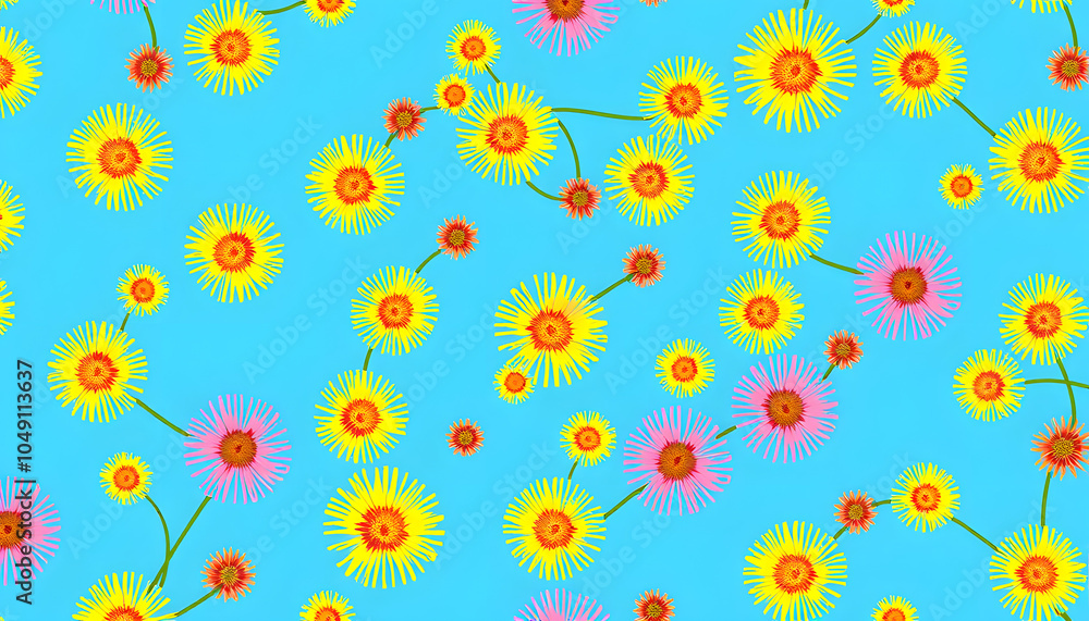 Fototapeta premium Mimosa. Seamless pattern. Yellow, pink mimosa flowers on a blue background. Botanical pattern for textiles, fabric, packaging, paper, clothing isolated with white highlights, png
