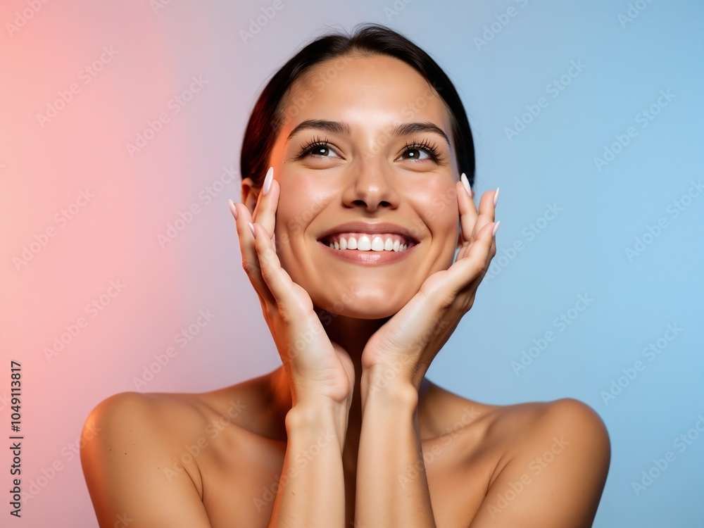 Radiant Young Woman Expressing Joy Against a Dual Color Background Radiant Young Woman Expressing Joy Against a Dual Color Background