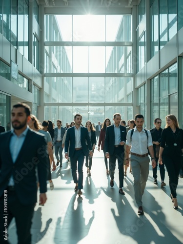 Diverse Group of Professionals Walking Through Modern Office Corridor