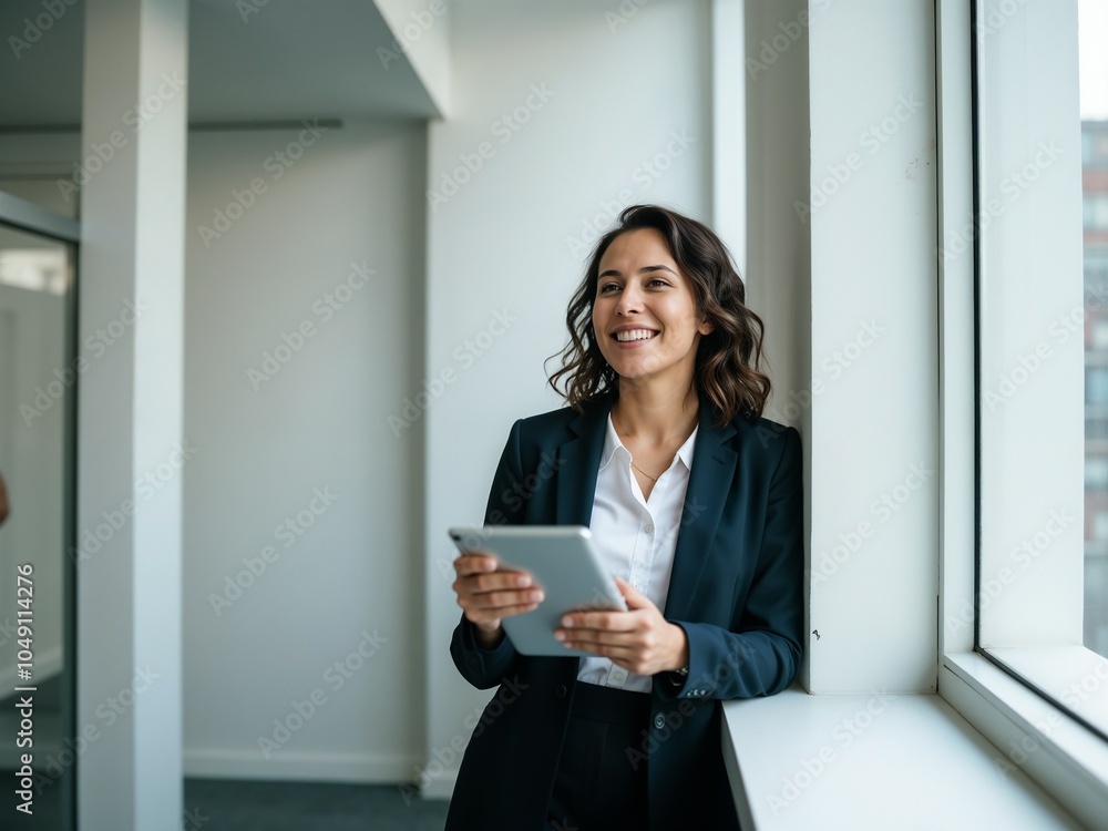 Smiling Businesswoman Using a Tablet in a Modern Office Setting Smiling Businesswoman Using a Tablet in a Modern Office Setting