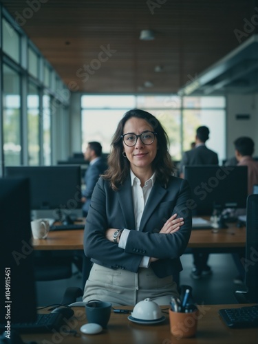 Confident Businesswoman in Modern Office Setting with Colleagues