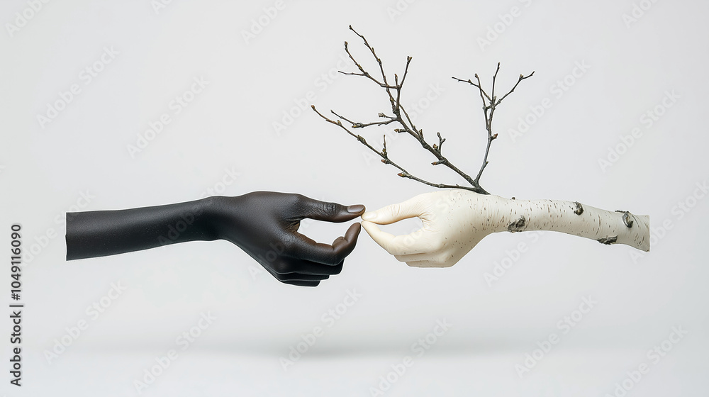 A black hand and a white hand, resembling tree bark, reach out to each other, connected by a delicate branch with budding leaves. The image symbolizes unity, connection, and growth.