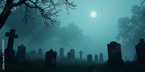 Halloween spooky background Graveyard scene with tombstones and fog on the left side, with a gloomy, misty sky on the right for text placement.