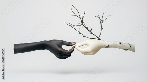 Obraz na płótnie A black hand and a white hand, resembling tree bark, reach out to each other, connected by a delicate branch with budding leaves. The image symbolizes unity, connection, and growth. w salonie