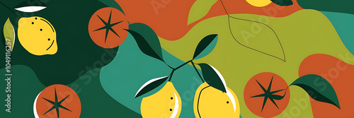 Abstract lemons and tomatoes on a green background  perfect for summer and nature themed projects   