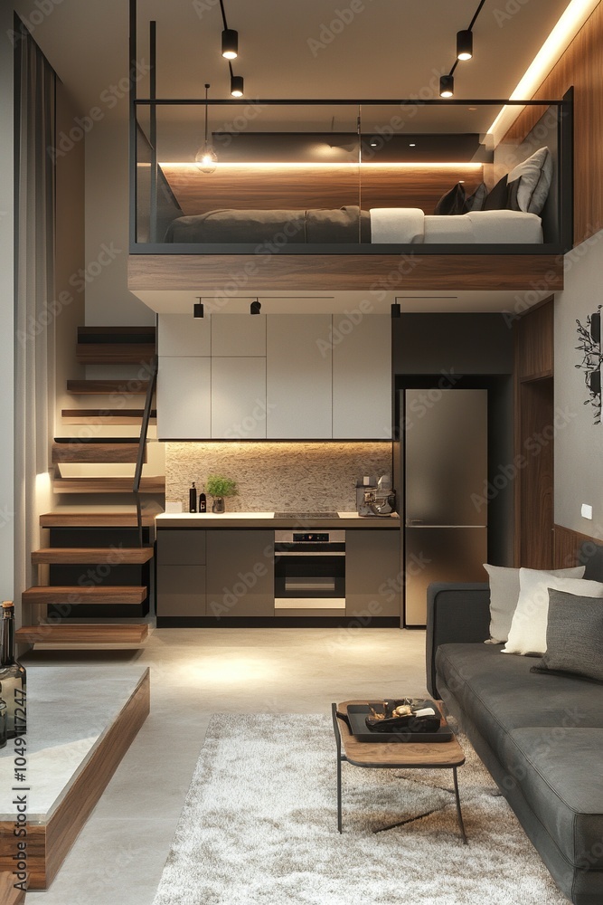 Modern studio apartment with a mezzanine bedroom. Stylish kitchen seamlessly connected to a cozy living room, perfect small space living. Logo, Logo, Logo, generative ai Modern studio apartment with a mezzanine bedroom. Stylish kitchen seamlessly connected to a cozy living room, perfect small space living. Logo, Logo, Logo, generative ai