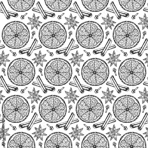 Seamless vector pattern with hand drawn elements of dried orange slices, cinnamon sticks, cloves and star anise. Perfect for holiday, winter and culinary design, wrapping paper for bakery, pastry shop