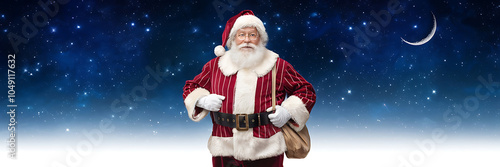 Santa Claus red suit white beard starry night Christmas Eve magic  