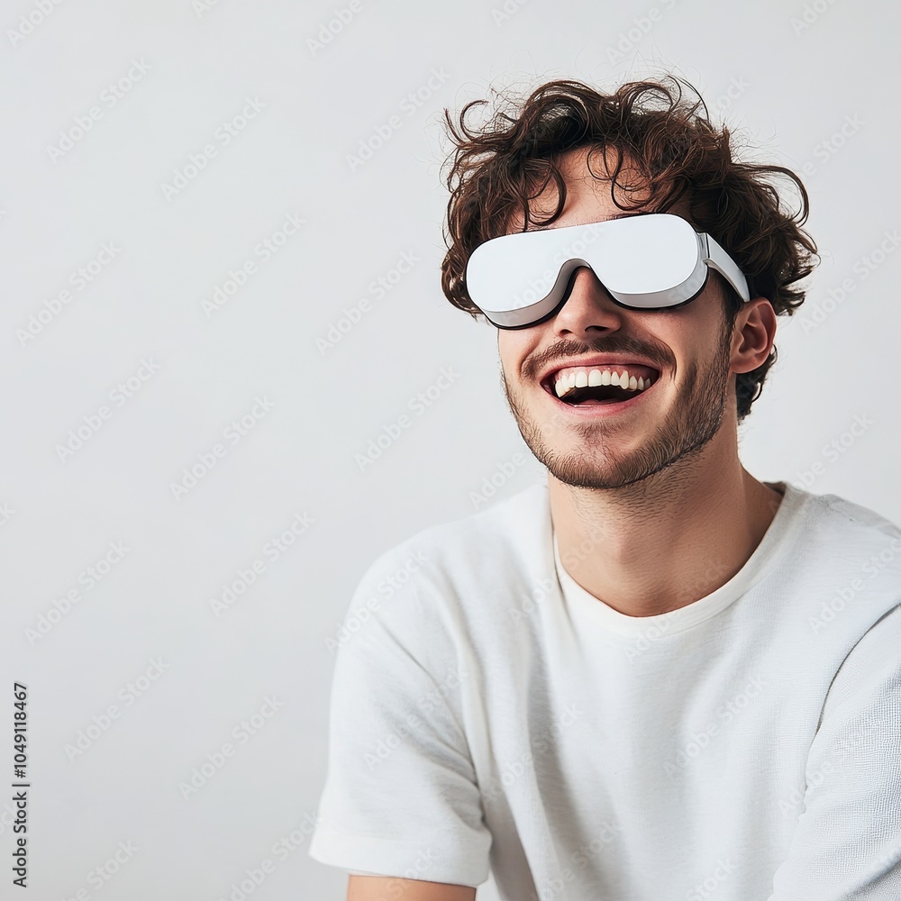 Excited Young Man Enjoys Immersive Virtual Reality Experience, Isolated on White Background Excited Young Man Enjoys Immersive Virtual Reality Experience, Isolated on White Background