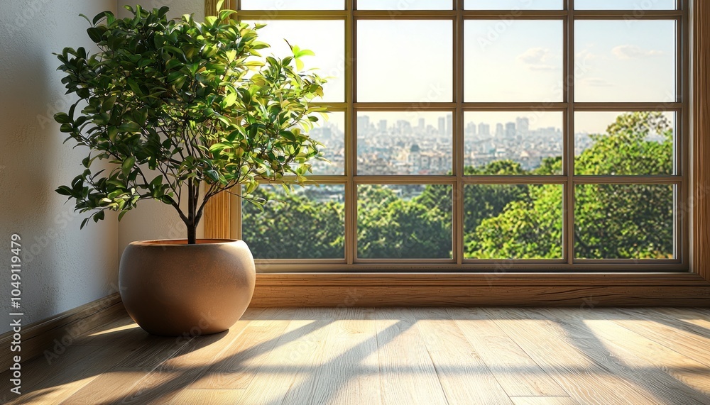 A potted plant in a corner with sunlight streaming through a window. A potted plant in a corner with sunlight streaming through a window.